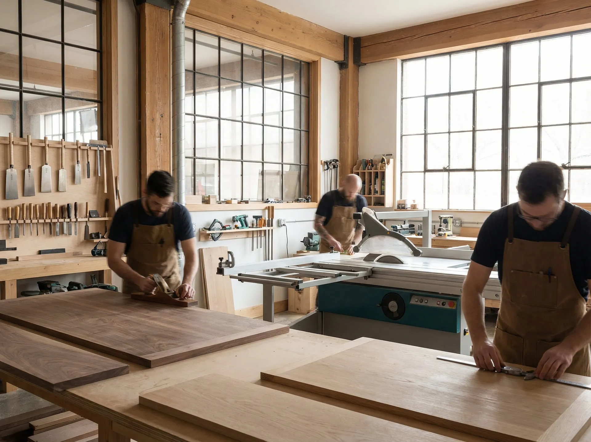 Echipa atelierului lucrând la mobilier la comandă în atelier